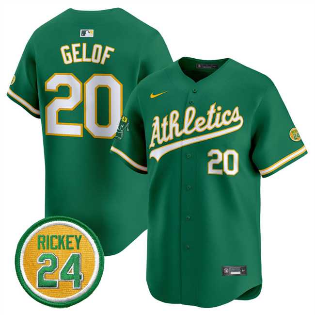 Mens Oakland Athletics #20 Zack Gelof Green 2024 Limited With Rickey Henderson Patch Stitched Jersey Dzhi